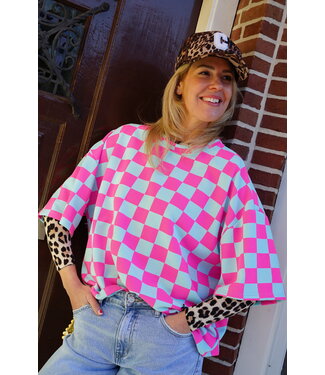 GEBLOKTE TOP BLAUW FUCHSIA