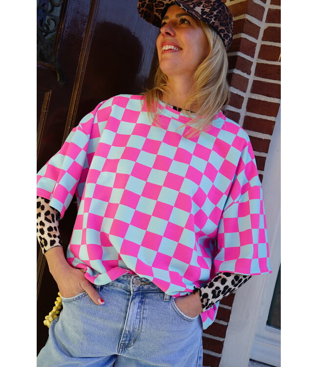 GEBLOKTE TOP BLAUW FUCHSIA