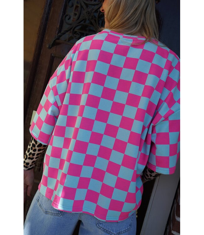 GEBLOKTE TOP BLAUW FUCHSIA