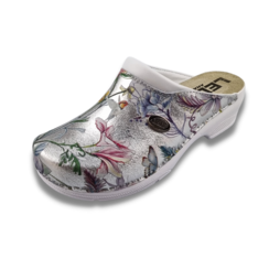 Medical clogs with PU sole - Silver with flowers