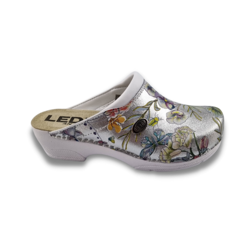 Ledi by Dina Medical clogs with PU sole - Silver with flowers