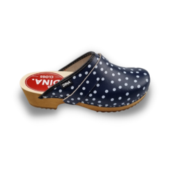 Swedish leather clogs blue with dots