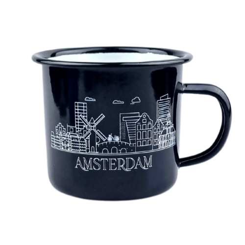 Emaille mok zwart skyline Amsterdam