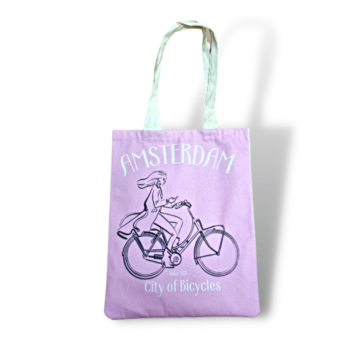 Canvas bag Pink - Girl on bike Amsterdam