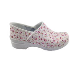 Medical clogs with PU sole - pink flowers  - closed heel