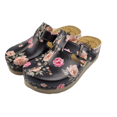 DINA PU klompen met zacht voetbed -  Black Roses