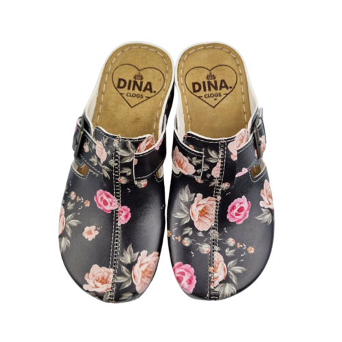 DINA PU klompen met zacht voetbed -  Black Roses