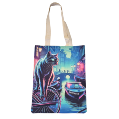 Canvas bag Cat in the night in Amsterdam