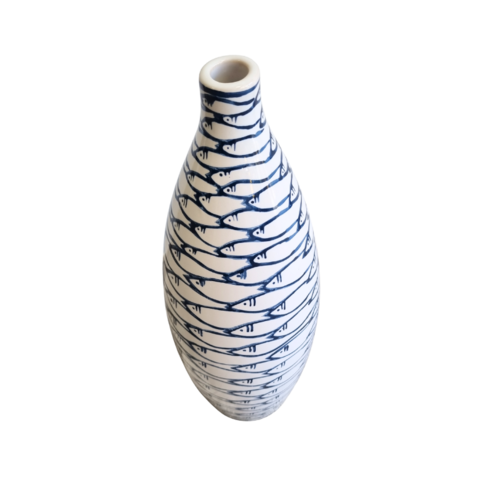 Ceramic Vase with Delft Blue Fish - height 43cm