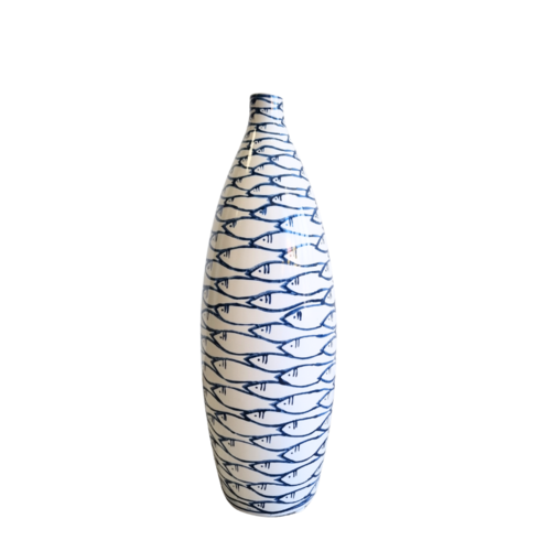 Ceramic Vase with Delft Blue Fish - height 43cm