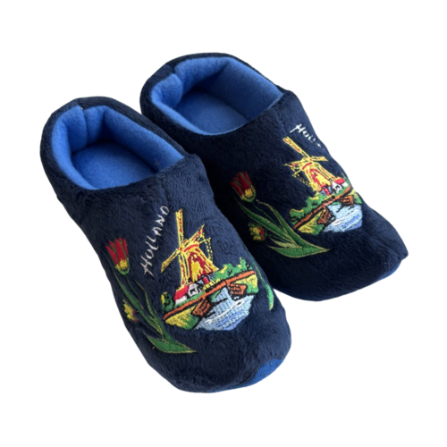 Woodenshoe indoor slippers Dark blue - Dutch Windmill design