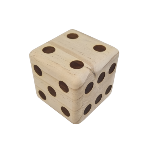 Six wooden dice in a black carrying case - dimensions per dice: 12 x 12 x 12 cm