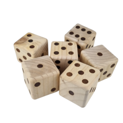 Six wooden dice in bag - dimensions per dice  12 x 12 x 12 cm