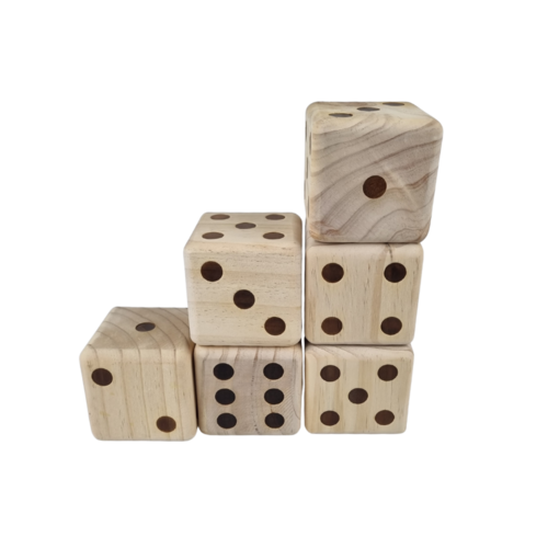 zes houten dobbelstenen in zwarte draagtas - afm. p.d. 12x12x12cm