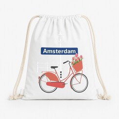 Draw string bag bike with tulips white