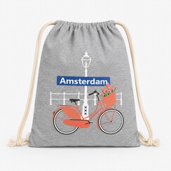Draw string bag bike with tulips gray