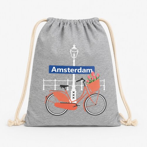 Draw string bag bike with tulips gray