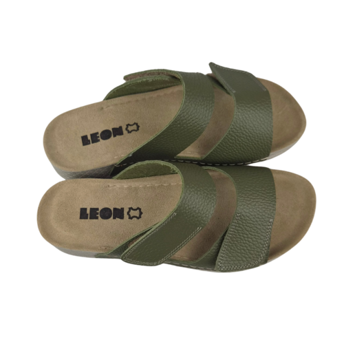 Leon Footwear Sandalen olijfgroen - dubbele band - materiaal: Leer & Polyurethaan
