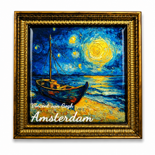 Epoxy Magneet van Gogh painting Fishing Boat in starry Night (bestel per 12 stuks)