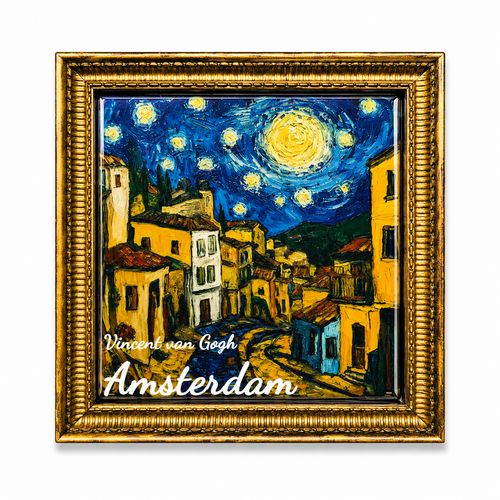 Epoxy Magneet van Gogh painting houses in starry Night (bestel per 12 stuks)