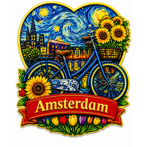Epoxy Magneet Amsterdam bike sunflower heart (bestel per 12 stuks)