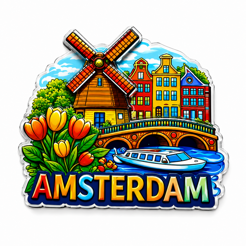 Epoxy Magneet  Amsterdam molen boat huisjes tulpen (bestel per 12 stuks)