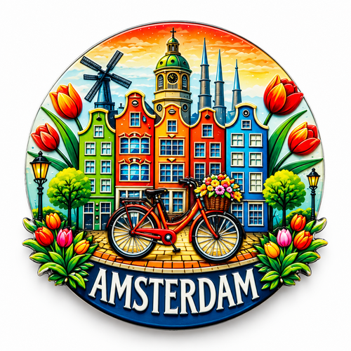Epoxy Magnet Amsterdam red bike + tulips + housed colored (order per 12pcs)