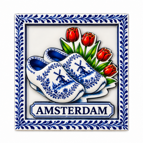 Epoxy Magneet delftsblauwe tegel klompen Amsterdam  (bestel per 12 stuks)