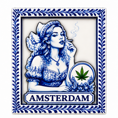 Epoxy Magneet delftsblauwe tegel Marihuana girl Amsterdam  (bestel per 12 stuks)