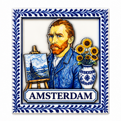 Epoxy Magneet delftsblauwe tegel Van Gogh Amsterdam  (bestel per 12 stuks)