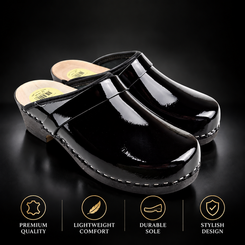 SIMSON Swedish Clogs Black Patent Leather