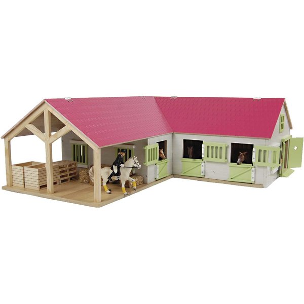 Kids Globe Paarden hoekstal met 3 boxen en berging roze (geschikt voor Schleich) - 610210
