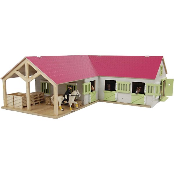 Kids Globe Paardenhoekstal met 3 boxen en berging roze (geschikt voor Schleich) - 610210