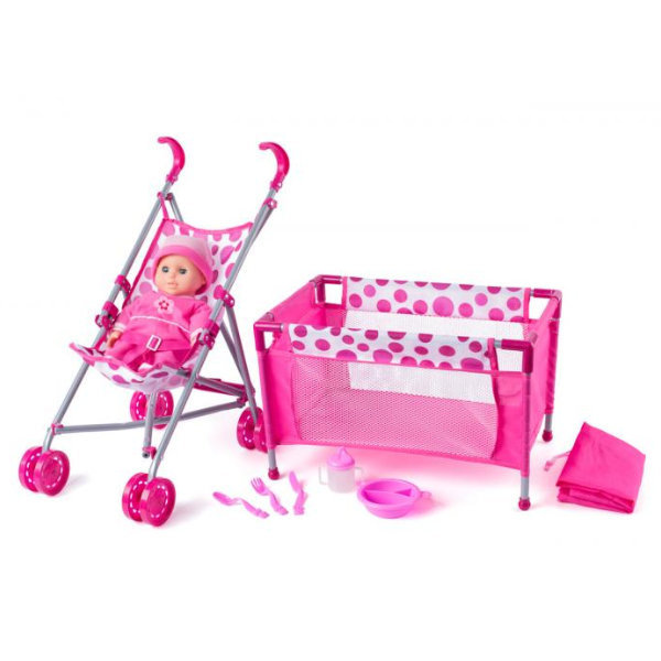 Bed, buggy en pop met accessoires