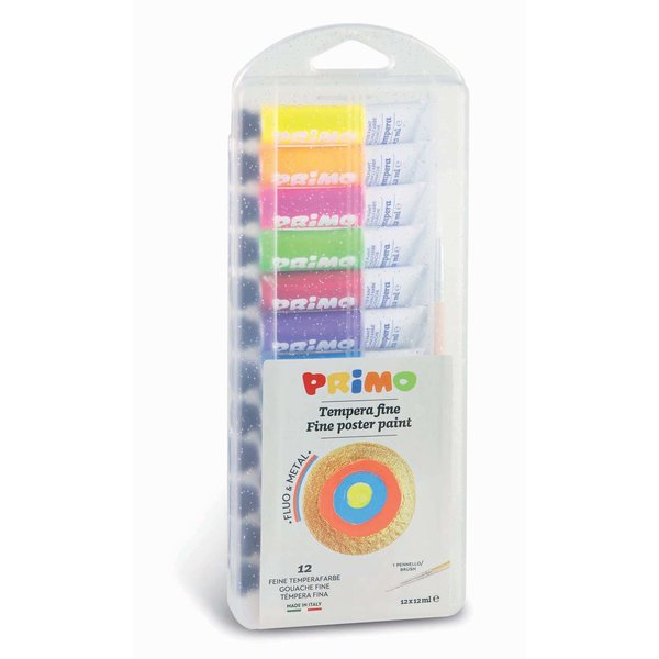 Primo Plakkaatverf met glitters in 12 tubes van 12 ml, met kwast