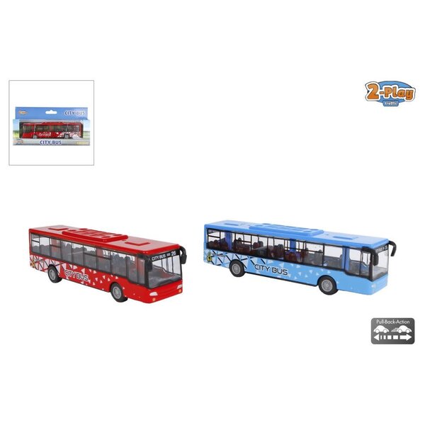 2-Play Stadsbus met pull back functie, 15 cm, 2 kleuren