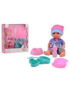 JohnToy Baby Rose drink en plaspop, 30 cm met toebehoren