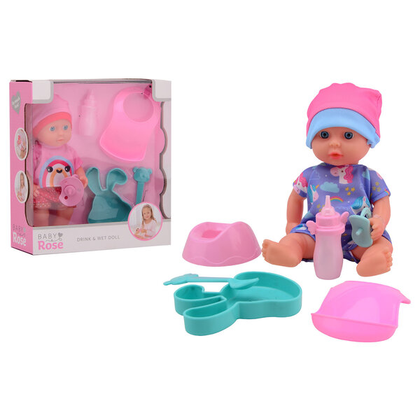 JohnToy Baby Rose drink en plaspop, 30 cm met toebehoren