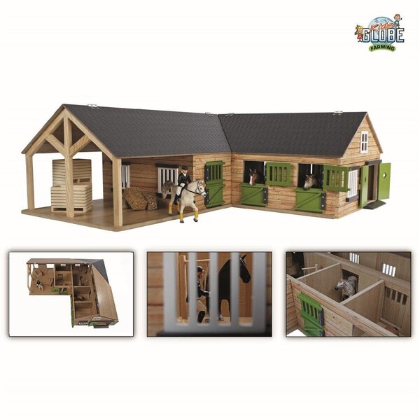 Kids Globe Paardenhoekstal met 3 boxen en berging (geschikt voor Schleich) - 610211