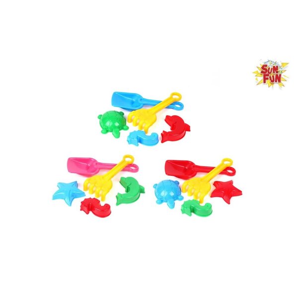 Sun Fun Schep, hark en 3 zandvormpjes 22 cm, assorti kleuren