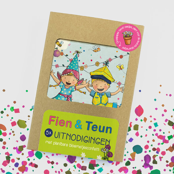 Fien en Teun uitnodigingen met bloemetjesconfetti - 5 stuks