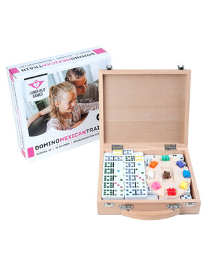Longfield Domino spel Mexican train  in houten kist, 91 stenen