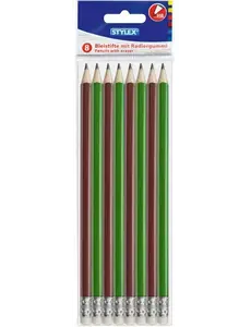 Stylex Grafietpotlood,  8 HB met gum in zak. groen-bordeau