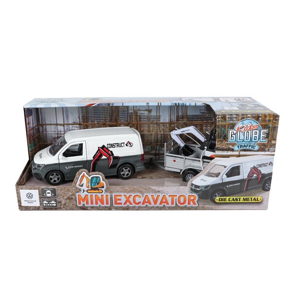 Kids Globe VW Transporter met Minigraver op aanhanger - met pull back functie
