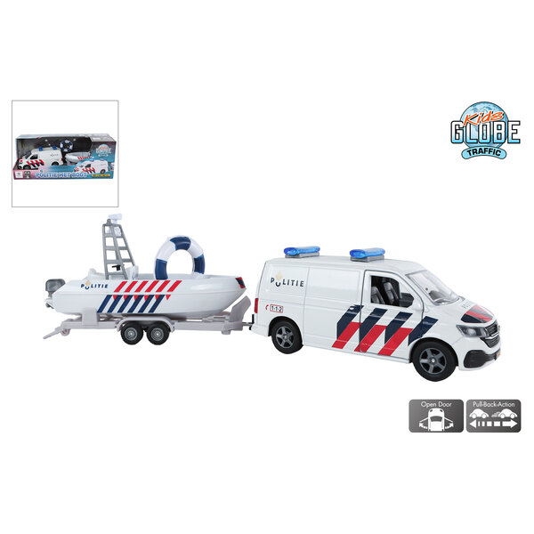 Kids Globe VW Transporter Politie met boot - met pull back functie