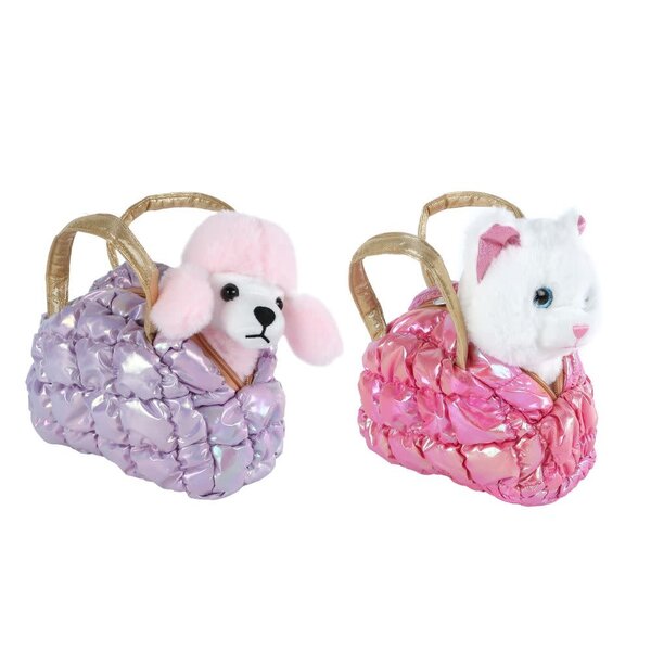 Pluche hond of poes in tasje - 20 cm