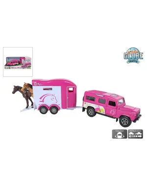 Kids Globe Land Rover met Cheval Liberte paardentrailer roze, met pull back
