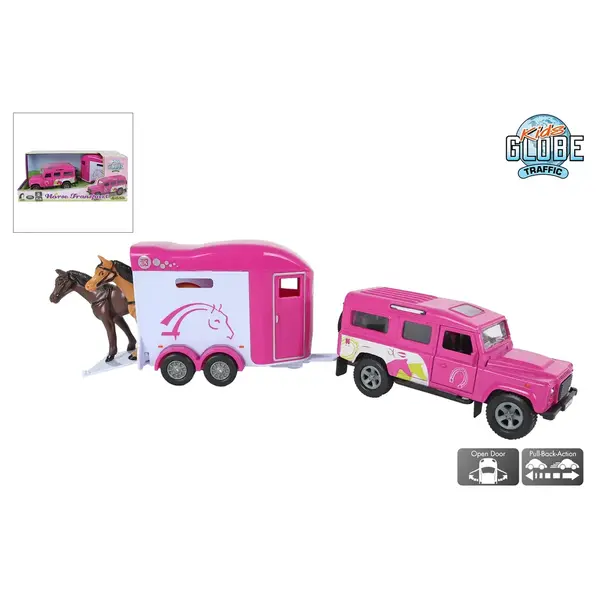 Kids Globe Land Rover met Cheval Liberte paardentrailer roze, met pull back