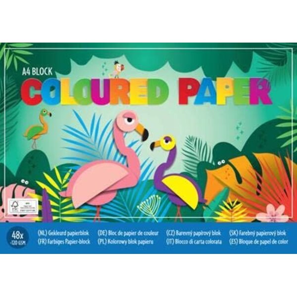 Gekleurd papier, 48 vellen A4, 80 gr. Flamingo