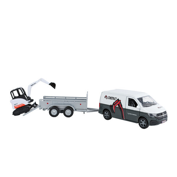Kids Globe VW Transporter met Minigraver op aanhanger - met pull back functie